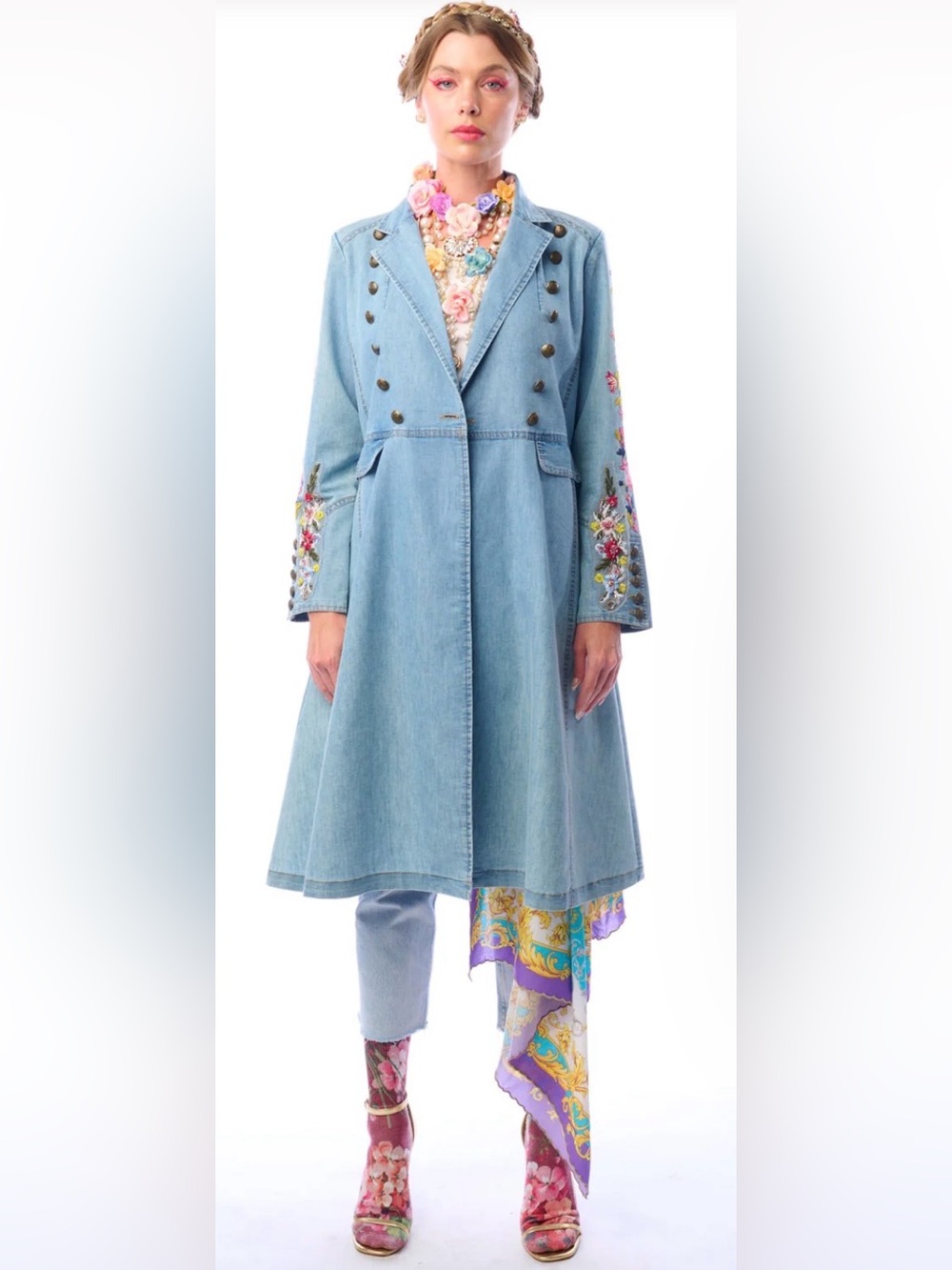 NWT aratta - New York coat Light Wash Embroidered Denim Coat in Blue